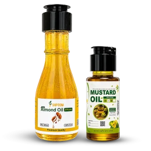 Safoom Almond Oil 100ml and Black Mustard Oil 50ml combo pack placed together.