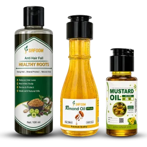 Safoom Triple Combo Deal showing Almond Oil, Anti Hair Fall Oil and Black Mustard Oil bottles
