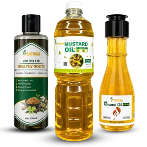 Safoom Triple Oil Deal showing Anti Hair Fall Oil, Almond Oil and Black Mustard Oil bottles arranged together